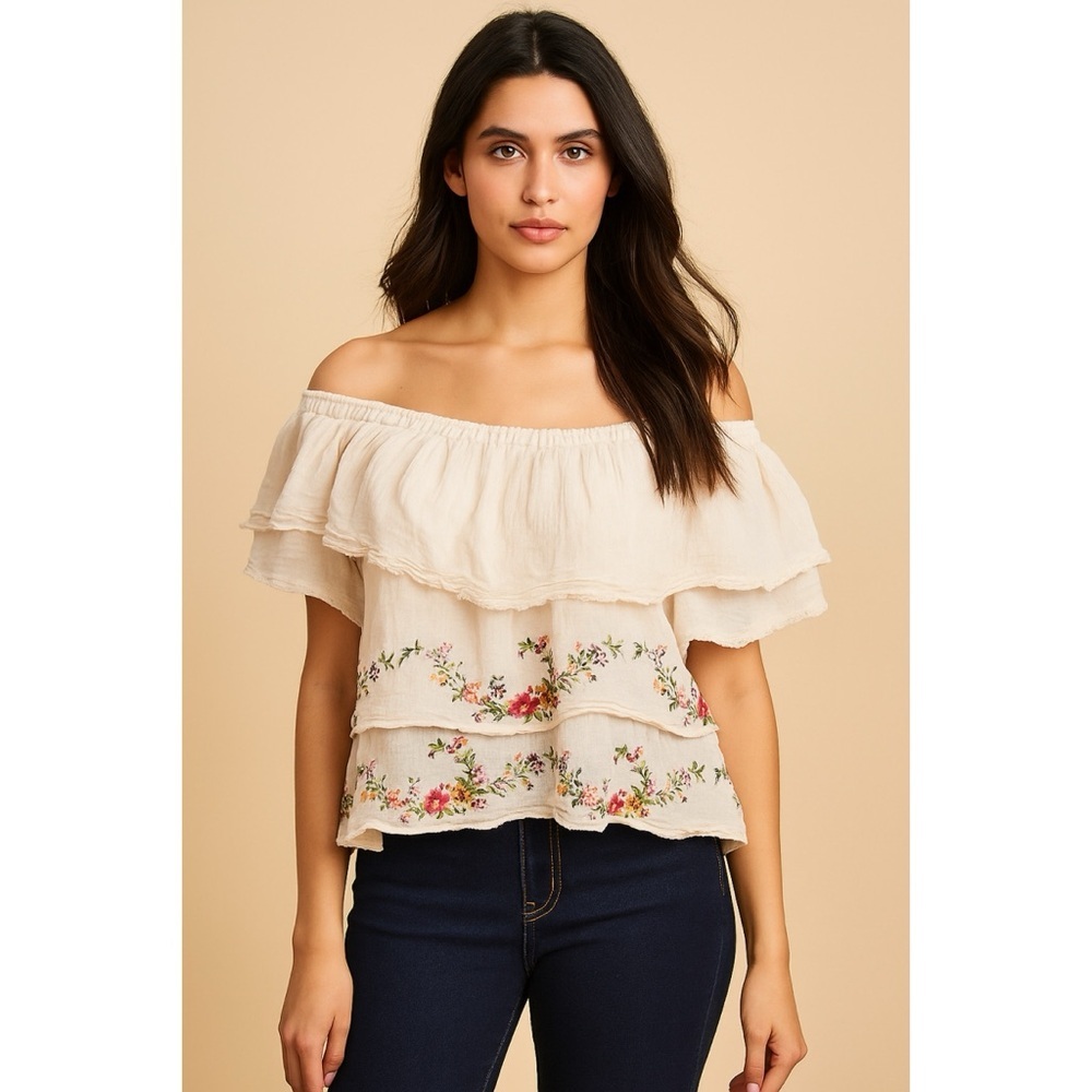 Anaak Needlepoint Embroidered Floral Ruffle Tier Off the Shoulder Cotton Blouse‌